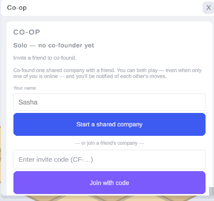 The co-op panel — start a shared company or join a friend with a code