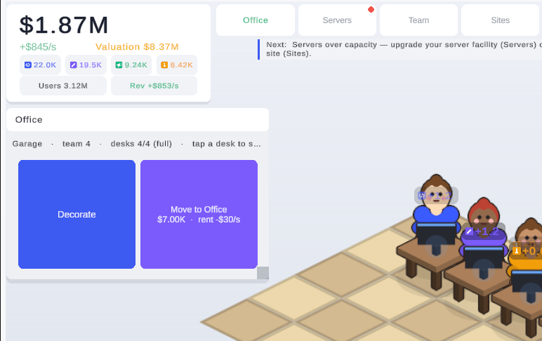 Your team seated at desks in the isometric office, with live cash, valuation and revenue